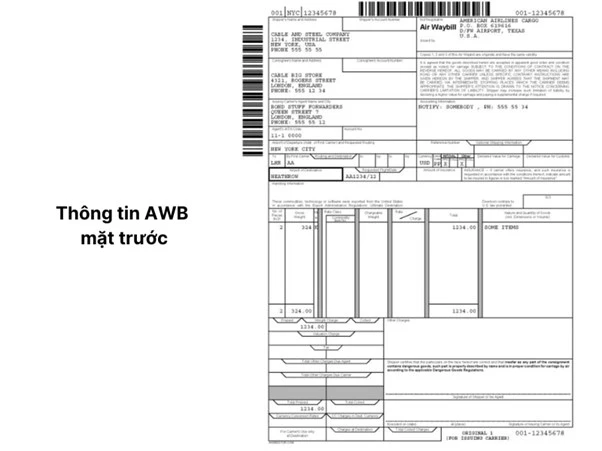 Thông tin mặt trước của Airway bill