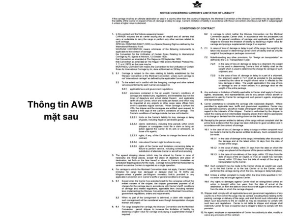 Thông tin mặt sau của Airway bill bao gồm các điều khoản, điều kiện 