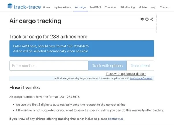 Giao diện tra cứu vận chuyển hàng không của track-trace