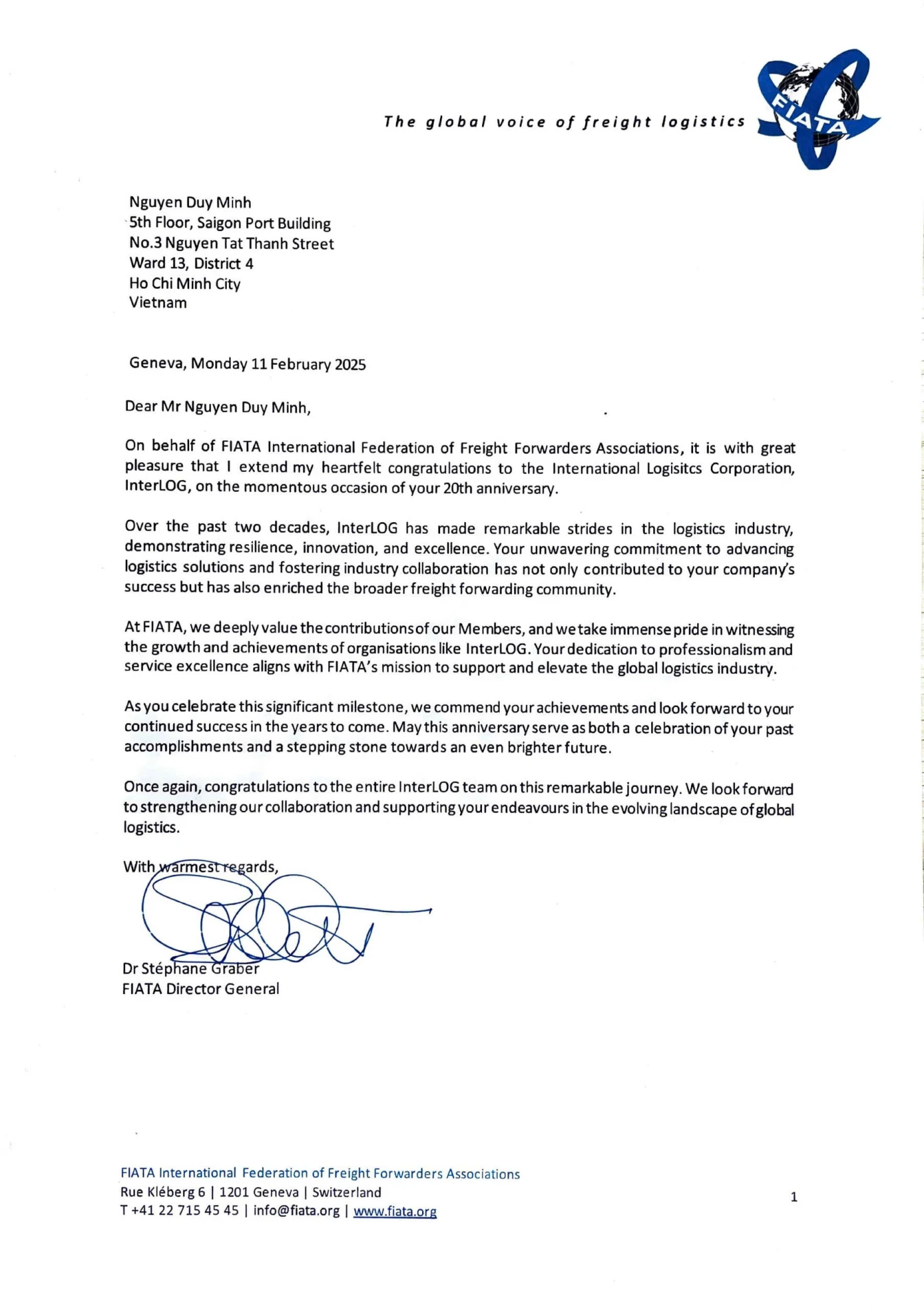 The congratulatory letter for InterLOG's 20th anniversary from the Director General of FIATA.