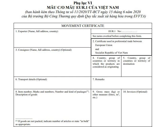 Thông tin từ mục 1 - mục 10 tại mẫu C/O mẫu EUR.1