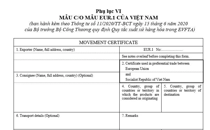 Mẫu CO form EUR.1 theo Hiệp định Thương mại Tự do giữa Việt Nam và EU (EVFTA)